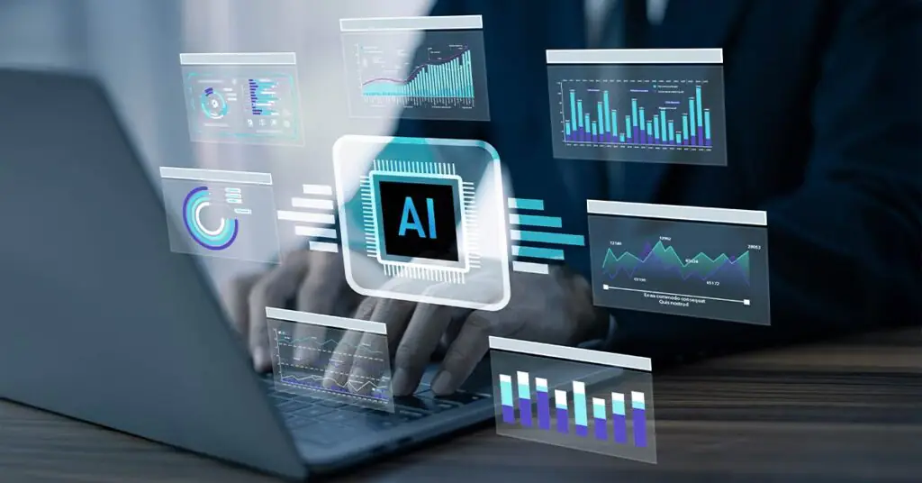 Person using laptop to review data insights generated by AI tool