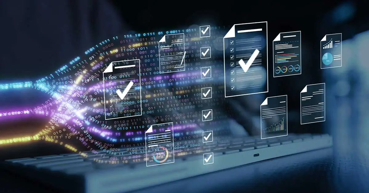 Computer keyboard with binary code and holographic document icons representing digital data integration.